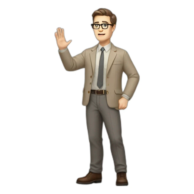 Full height Actively Gesturing Pale skinned fit man with dark brown hair in gray jacket, beige office shirt, brown tie, brown pants and vintage glasses. sticker