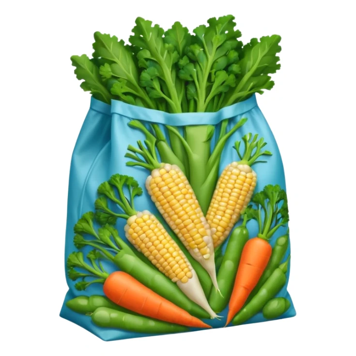 A colorful plastic bag filled with mixed vegetables — peas, carrots, corn, and broccoli — sealed and lightly frosted. Tnutrition facts, and vibrant vegetable images. Displayed in a grocery store freezer with cool white lighting and condensation on the glass door. sticker