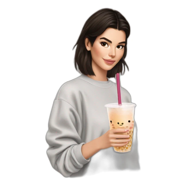 brunette Kendall Jenner holding bubble tea sticker