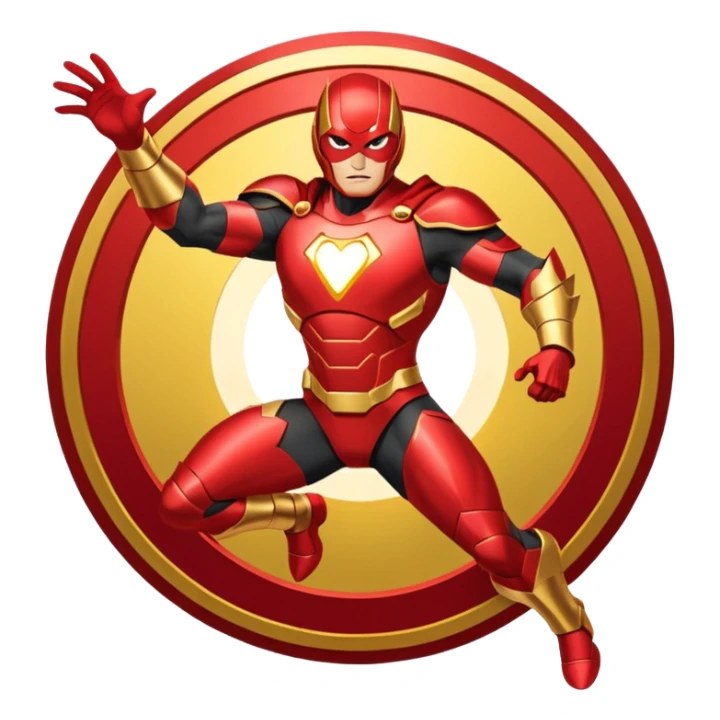 "A high-quality die-cut sticker of a tech-based armored superhero in a dynamic flying pose. Vibrant red and gold metallic plating, glowing circular chest piece, thick white border, flat vector art style, white background." sticker