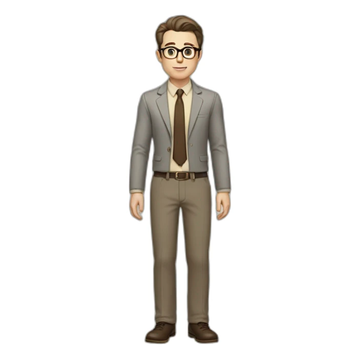 Full height Gesticulating Pale skinned fit man with dark brown hair in gray jacket, beige office shirt, brown tie, brown pants and vintage glasses. sticker