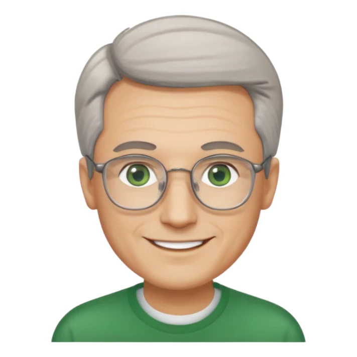 Man with receding hair, grey hair only on the sides, green eyes, rectangular reading glasses, rounded clear face, with a smile sticker