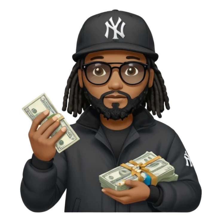 African American man with shoulder length black dreadlocks with black beard wearing black sunglasses wearing a black New York Yankees logo baseball Cap wearing a black bubble winter coat counting money in his hand sticker