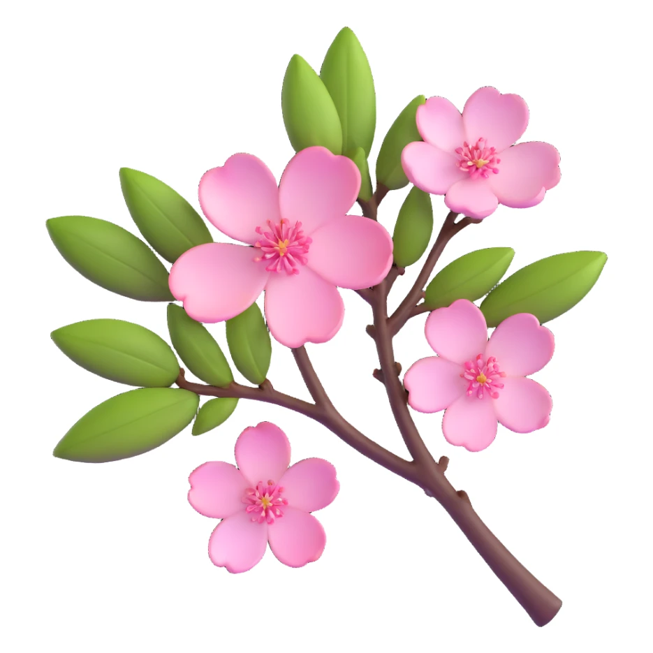 Beautiful single pink cherry blossom (sakura) flower on brown branch with realistic texture and depth, five delicate petals with subtle pink gradient sticker