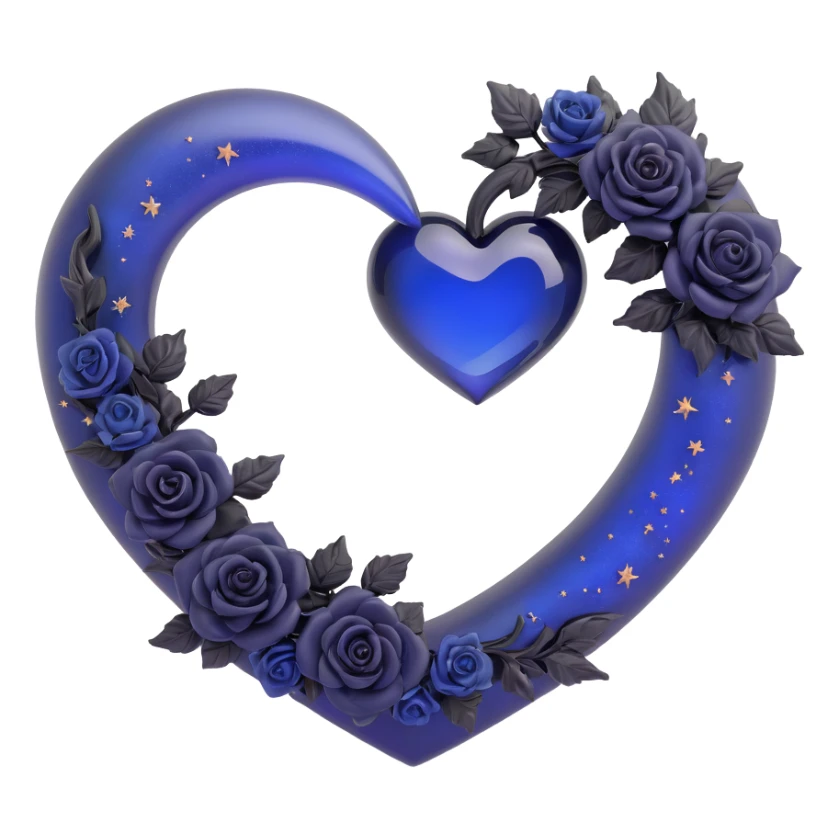 gothic heart, midnight blue glass, silver crescent moon, tiny black roses, shimmering stardust, frosted glass effect sticker