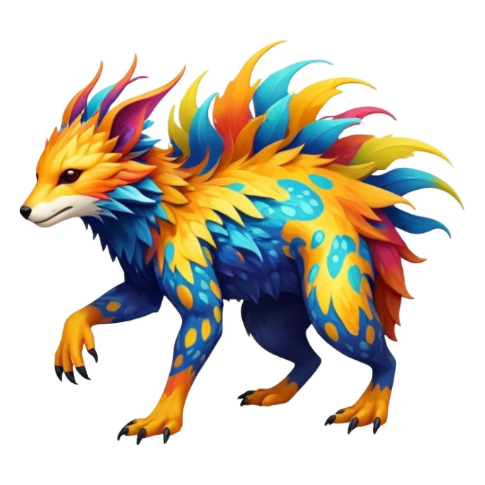 a colorful edgy vernid-fionbri-creature with splash patterns full body sticker