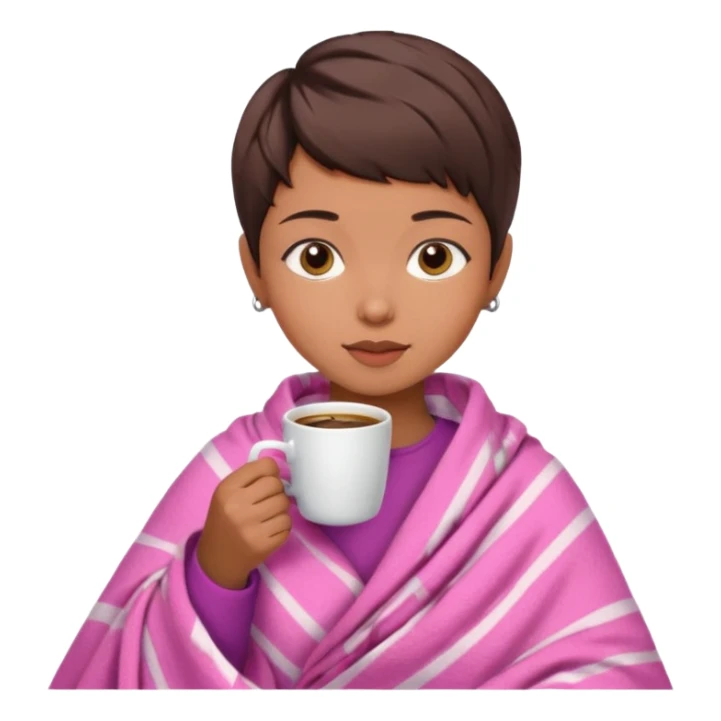 Brunette girl pixiecut Hair Brown  in pink blanket drinking coffee sticker