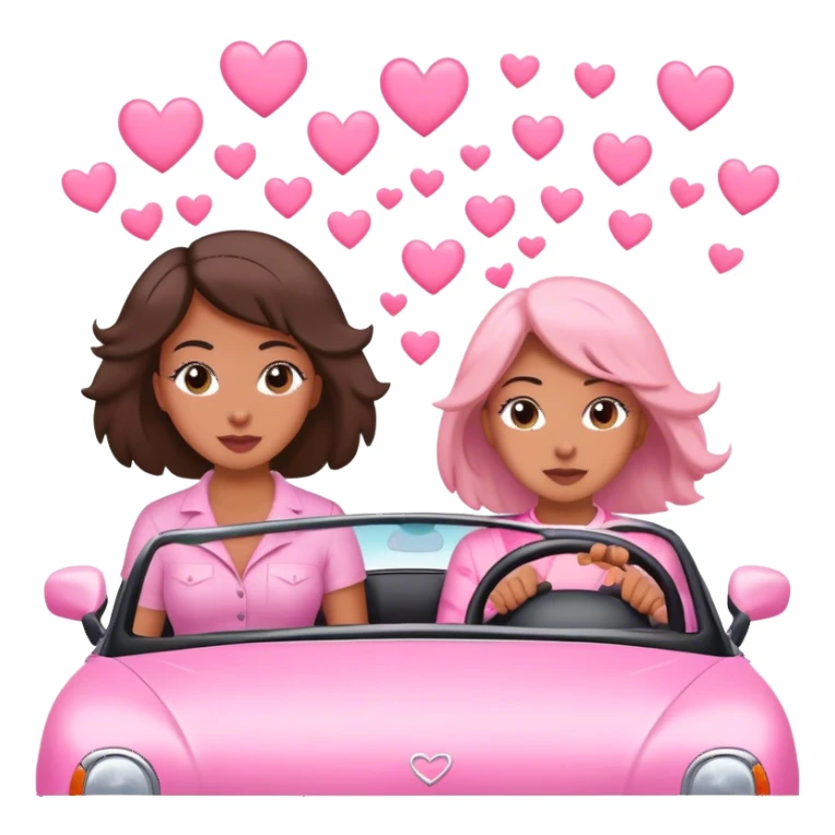 A mom, olé daughter,  driving in pink convertible with hearts blowing behind sticker