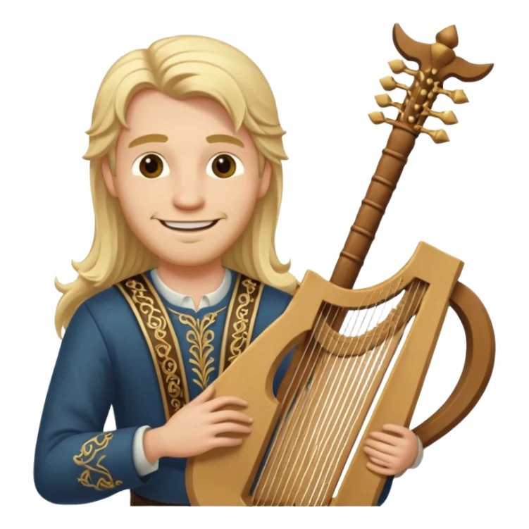 Man with long blonde hair smiling  holding a lyre sticker