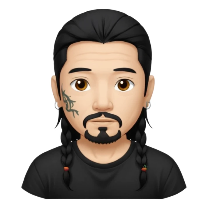 Older Spanish male. Asian eyes. Chin strap goatee.
Untucked, loose fitting black t-shirt. 
long black hair.
Even More tattoos. 
Peaceful sticker