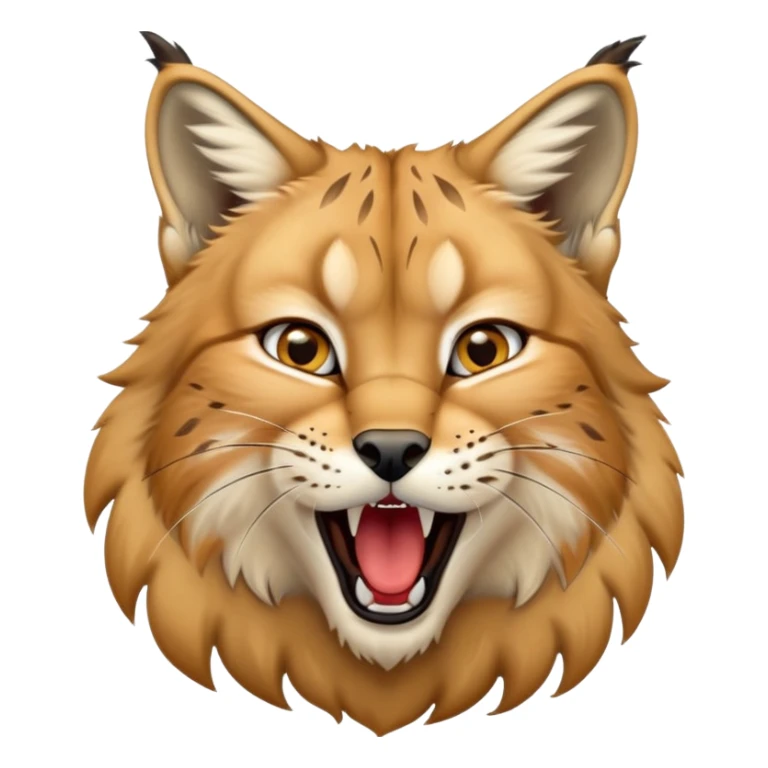 Cinematic-Cute-Yawning-Lynx-Portrait-Emoji – Head tilted slightly with a dramatic, wide-open yawn, revealing a dense golden-brown fur coat with subtle spots, signature black ear tufts standing tall, round amber eyes barely open in drowsy contentment. sticker