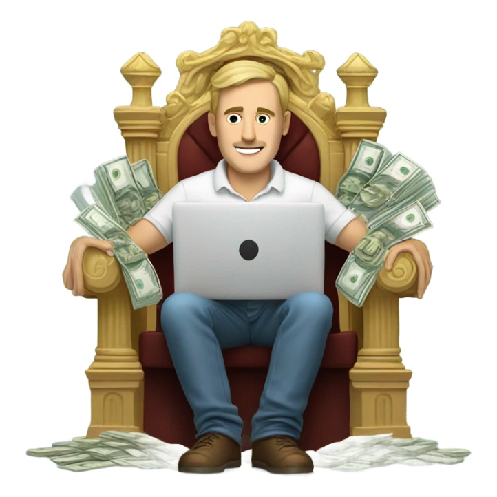 Caucasian Man sitting on a throne of cash with a laptop sticker