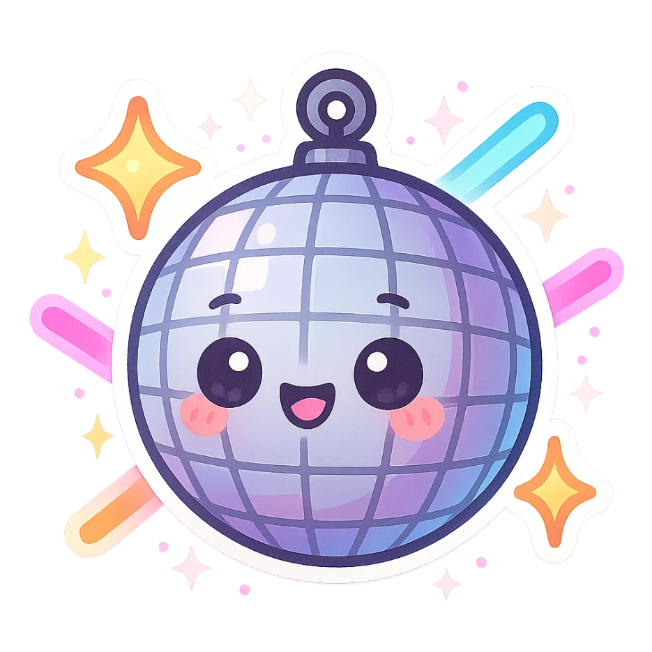 cartoon disco ball with a face, surrounded by sparkles and neon lights, rave atmosphere sticker