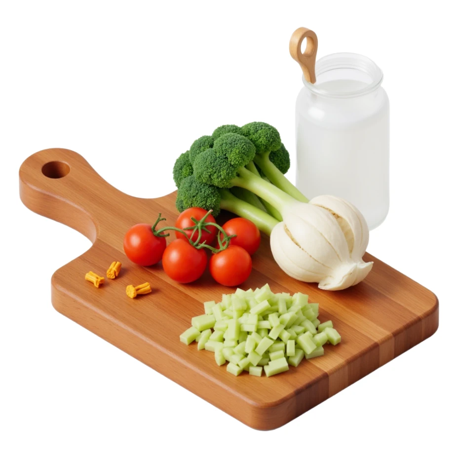 Ingredients on teh wooden cutting board with floating list sticker