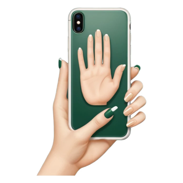 female hand with nude manicure (5 fingers) holding a white iPhone in a dark green case, minimalism, top view, emoji style sticker