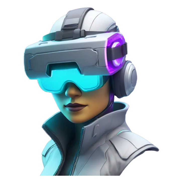 Secret human agent in a futuristic hat with in Apple VR goggles headset code display on the goggles , cyberpunk, cyan and purple colors, only upper body portrait, front facing the camera  sticker