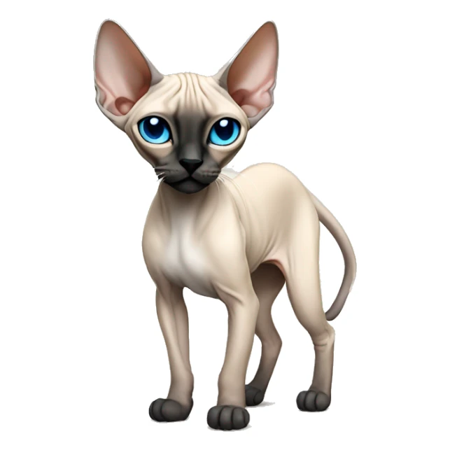 Siamese Sphynx  cat with blue eyes, full thin body stand, black nose ears and tail sticker
