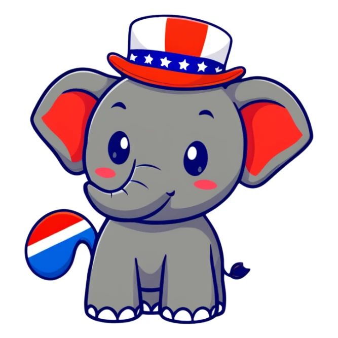 cute red elephant, simple flat design, round shape, patriotic top hat, cartoon sticker style sticker