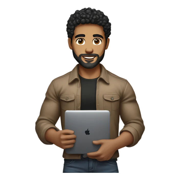 men holding his computer in hands. light brown skin men with curly black hair, dark brown eyes, little grown beard. ust a tiny bit muscular. dressed casual. round face. sticker