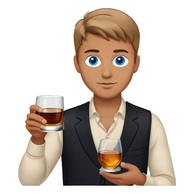 white guy light brown hair blue eyes wearing black holding whiskey sticker