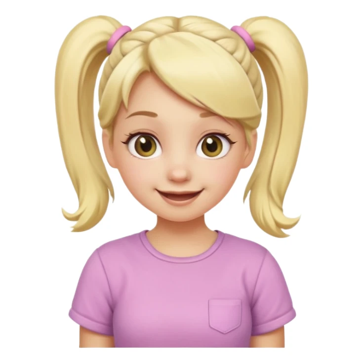 A playful blonde female cartoon character with wide, mischievous eyes, smiling, pigtail, dynamic pose suggesting movement, pastel colors, minimalistic and cute emoji style. sticker