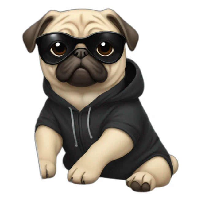 Pug wearing a black hoodie and sunglasses and using a laptop sticker