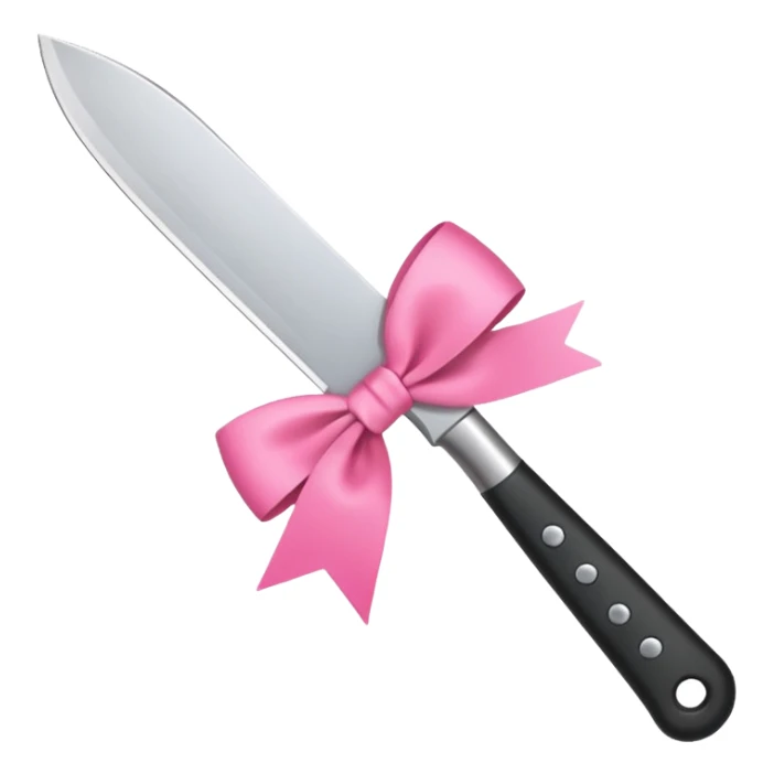Kitchen knife with a pink bow tied around the handle, emoji style, simple, flat vector, white background, only one object sticker