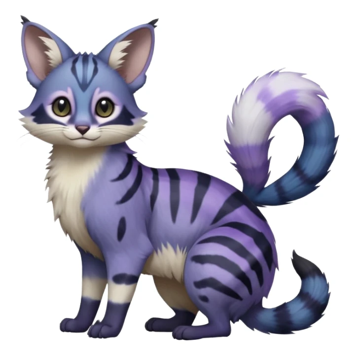  Realistic dull gloomy-dark-deep-grayish-indigo-violet-gradients fur with random markings beautiful elegant pretty precious cute  Fakémon-Pokémon-opossum-feline-serval-caracal-chinchilla-Minccino-hybrid-creature with a big fluffy bushy striped tail (full body) sticker