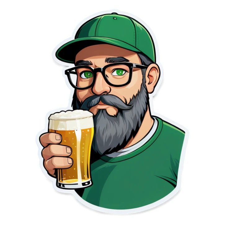 A bold man with a grey baseball cap, green eyes, big beard and glasses, drinking beer sticker