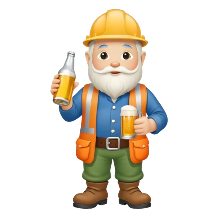 Garden gnome wearing construction clothes holding a bottle of beer sticker