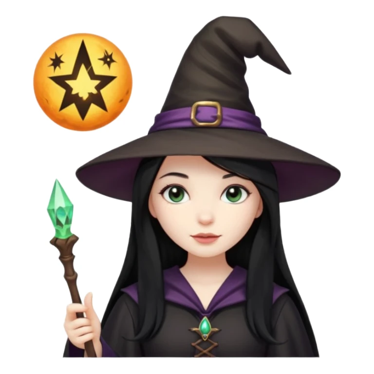 a girl with black long hair, witch hat and a magic wand in her hand sticker