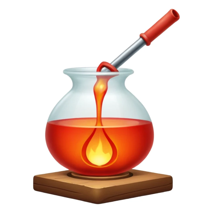 Glassblowing and casting icon, molten glass being shaped into a delicate object with a blowpipe, glowing red-hot glass being poured into a mold, unfinished glass sculpture, minimalistic style, clean lines, transparent background. sticker
