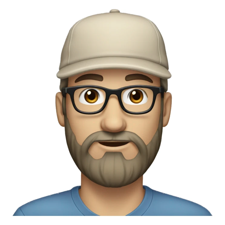 white man, with a long black beard and a beige cap, gray-blue eyes, round glasses with thin frames sticker