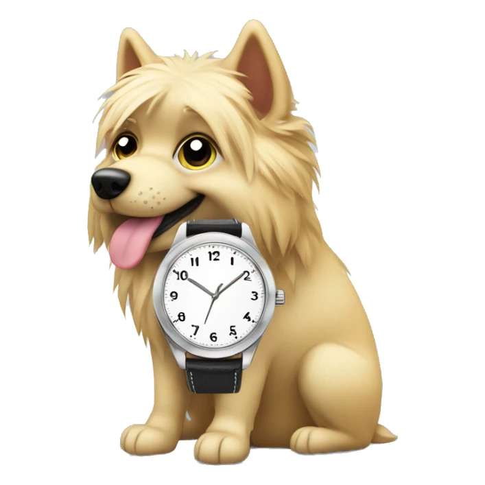 Blonde furry dog looking at wrist watch sticker