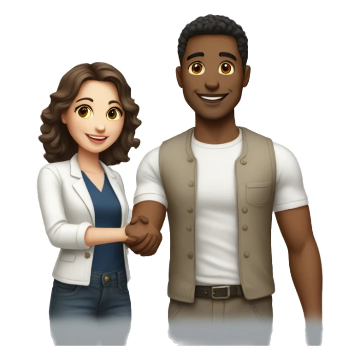 an adult restaurant owner and a young blogger shaking hands, both with fair skin, in great detail sticker