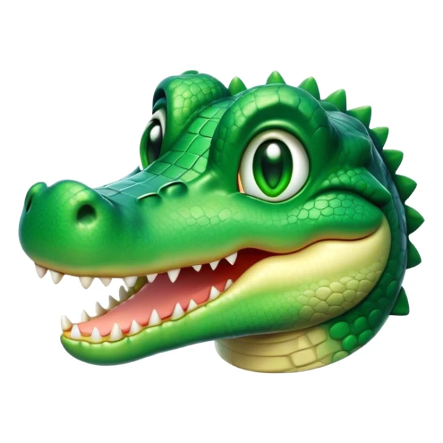 Cinematic Cute Crocodile Portrait Emoji, Head tilted playfully and inquisitively, featuring a smooth, glossy emerald-green hide with subtle textured scales and round, sparkling eyes filled with curious mischief, Simplified yet irresistibly adorable features, highly detailed, glowing with a warm, friendly glow, high shine, affectionate and surprisingly charming, stylized with a touch of wild whimsy, bright and endearing, soft glowing outline, capturing the essence of a mischievous yet lovable crocodile, so playful it feels like it could snap out of the screen into your arms! sticker