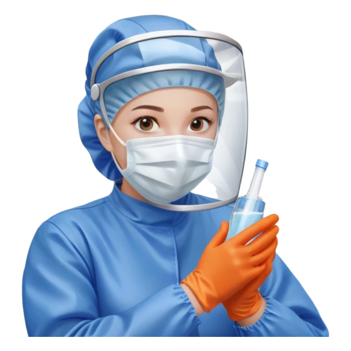 A meticulous cleanroom worker dressed in full protective gear, including a blue sterile suit, a face mask, a hairnet, and orange gloves. With a focused expression, they carefully wipe down a glass surface, ensuring strict hygiene standards in a controlled environment. sticker