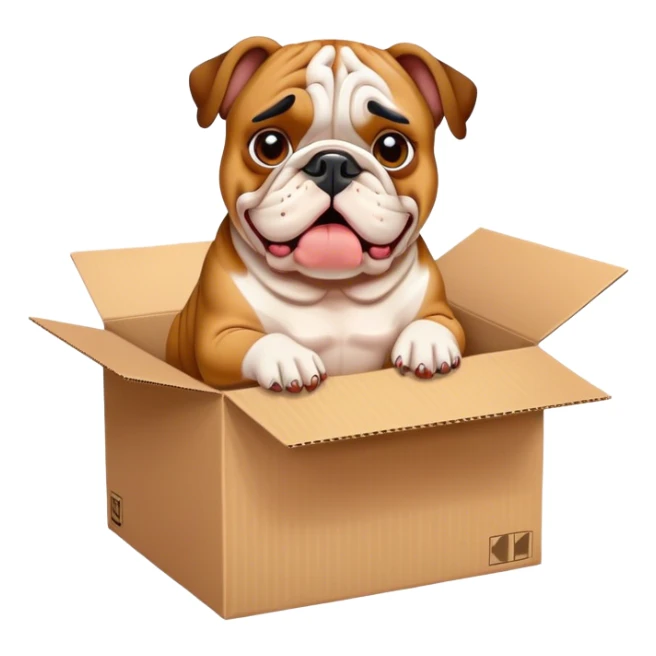 Homeless bulldog sitting in a cardboard box begging for change  sticker