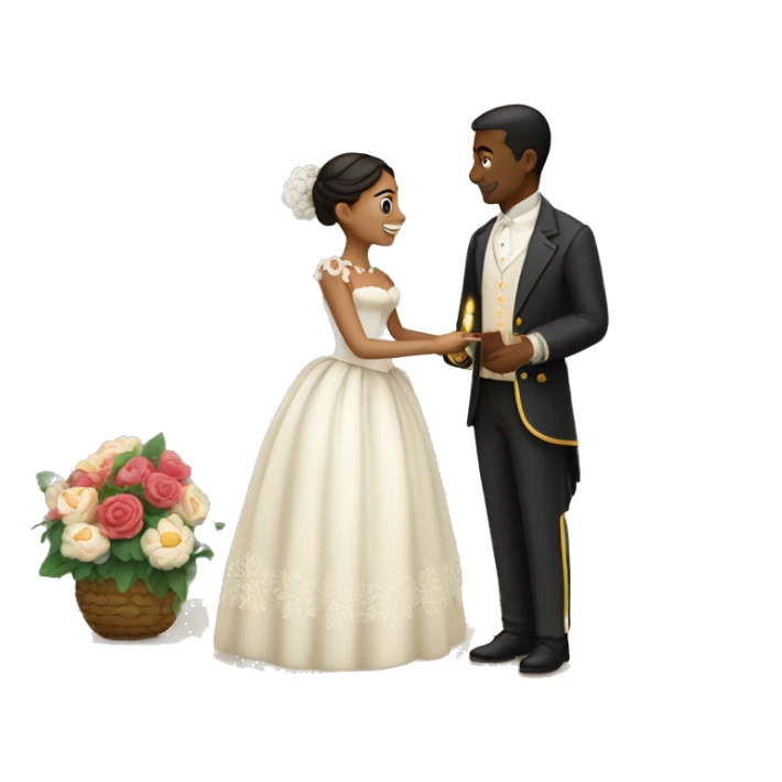 Create a romantic scene depicting a bride and groom in Santander's colonial setting, surrounded by flowers, candles, and wedding details. sticker