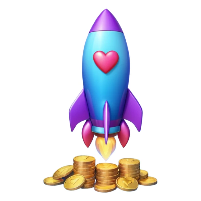 3D rocket with coins and hearts, purple blue gradient, glossy, transparent background sticker