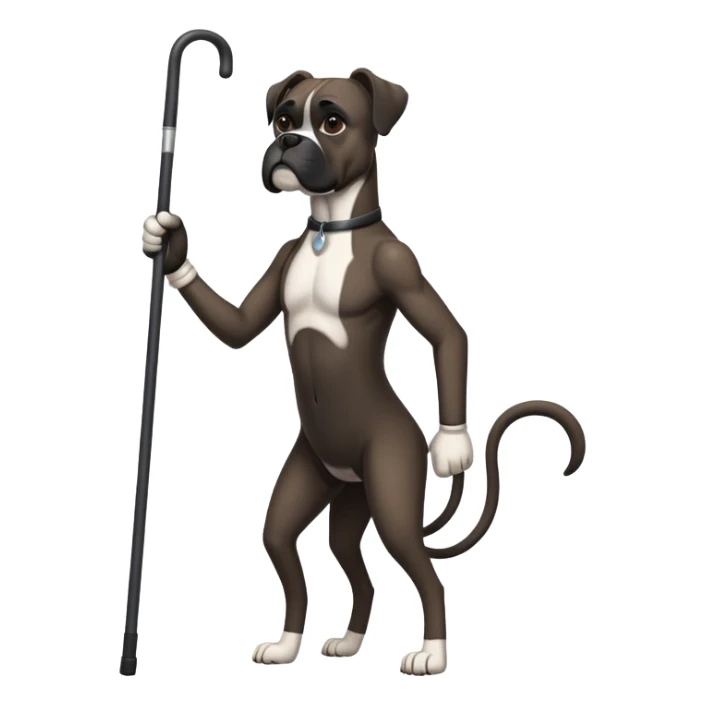 Elderly black boxer dog standing on hind legs using a cane to walk sticker