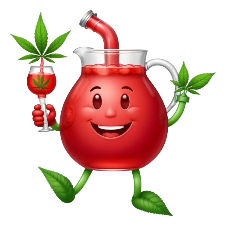 Kool-Aid Man pitcher character with legs and arms holding a bong and a prominent cannabis leaf sticker