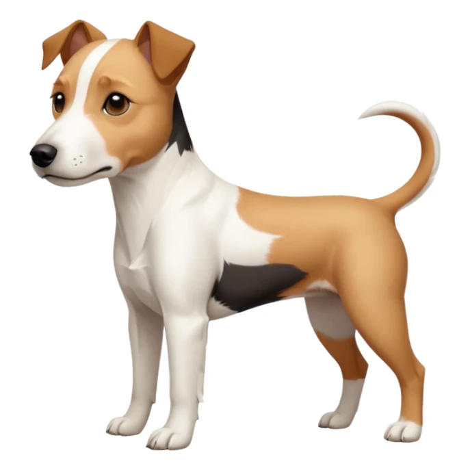 a full body facing front on of a buff white parson russell terrier looking dog the size of a kelpie with light brown long ears resting on its face and a light brown patch on one eye and a large snout. the rest of the dog is completely white.  sticker