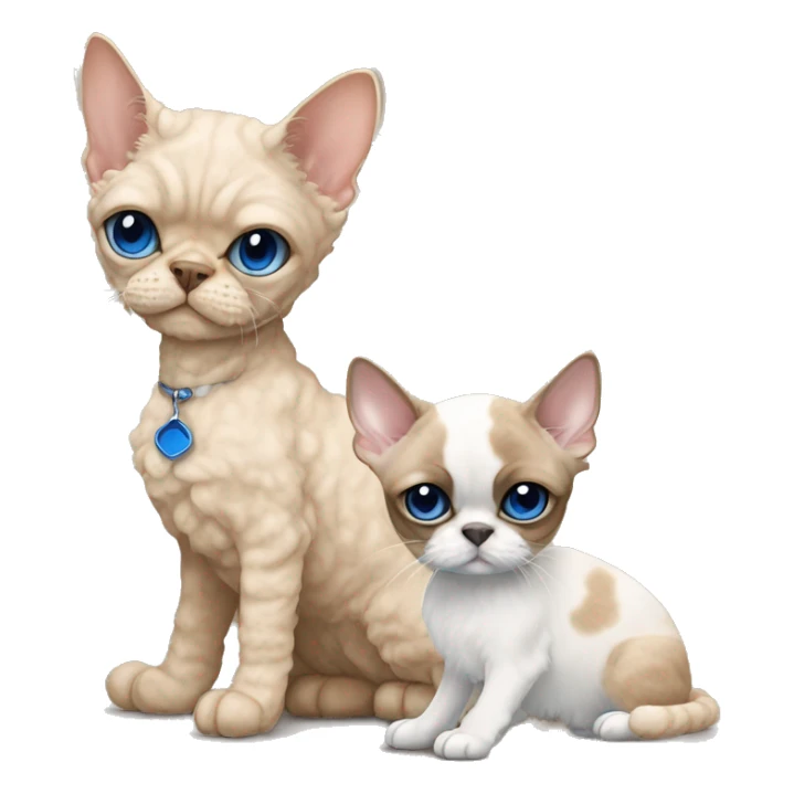 Beige curly fur Devon Rex Cat with blue eyes sitting next to a beige shih tzu   sticker
