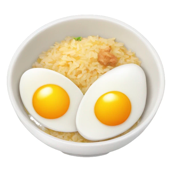 a bowl of rice with two eggs and two chicken sticker