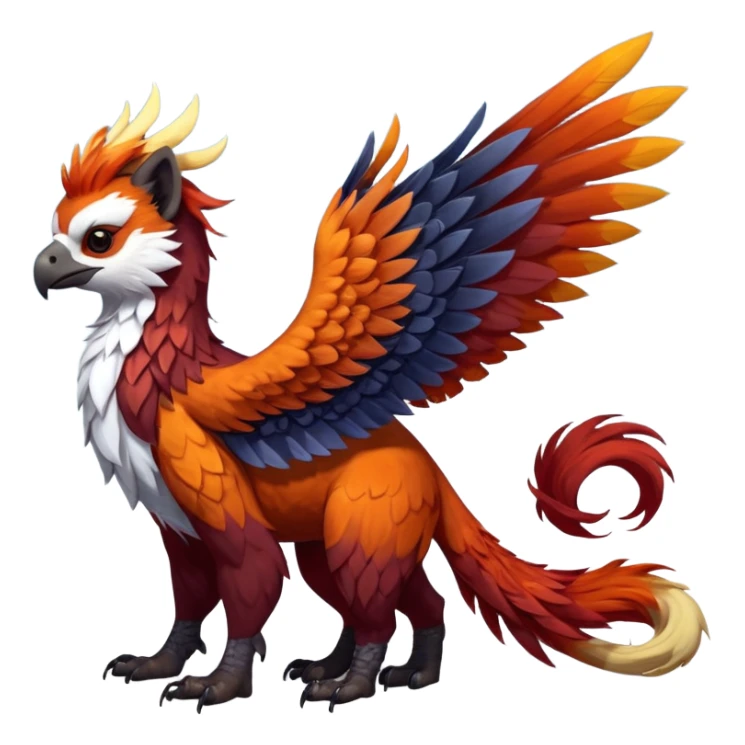 4-legged colorful shiny smooth glossy furry realistic scaly winged long-big-beaked Gryphon-Griffin-Griffsnuff-Talonflame-Silvally-Braviary-Red-Panda-fusion-hybrid-animal-Fakémon-creature, full body, with a long thin tufted lion-tail sticker