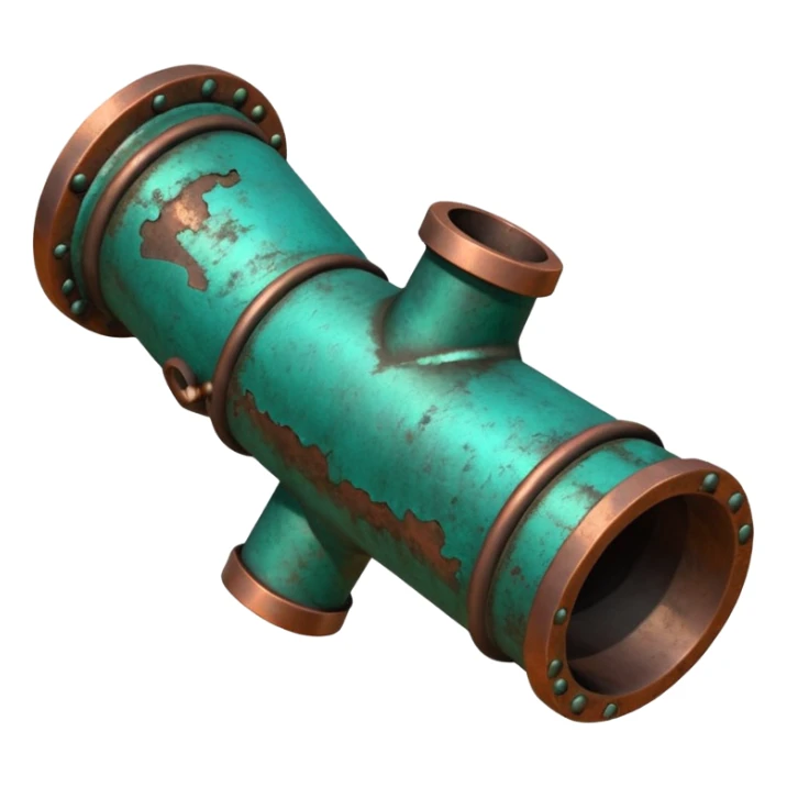 3D render of Garden Pipe, heavily oxidized copper texture, verdigris patina, Pipe joint with teal oxidation, weathered bronze aesthetic, ancient decay, emoji style, isolated on white background --v 6.0. sticker