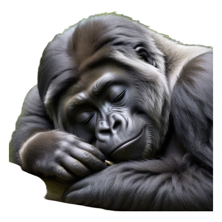 Meme-Worthy cute Sleeping mountain Gorilla Portrait Emoji, Head resting peacefully with a contented smile, showcasing a luxuriously thick black and grey-flecked Fur and eyes gently closed in serene slumber, Simplified yet hilariously adorable features, highly detailed, glowing with a soft, drowsy jungle light, high shine, relaxed and utterly lovable, stylized with an air of playful laziness, bright and heartwarming, soft glowing outline, capturing the essence of a sleeping mountain that feels destined to become the next viral sensation of adorable rest! sticker
