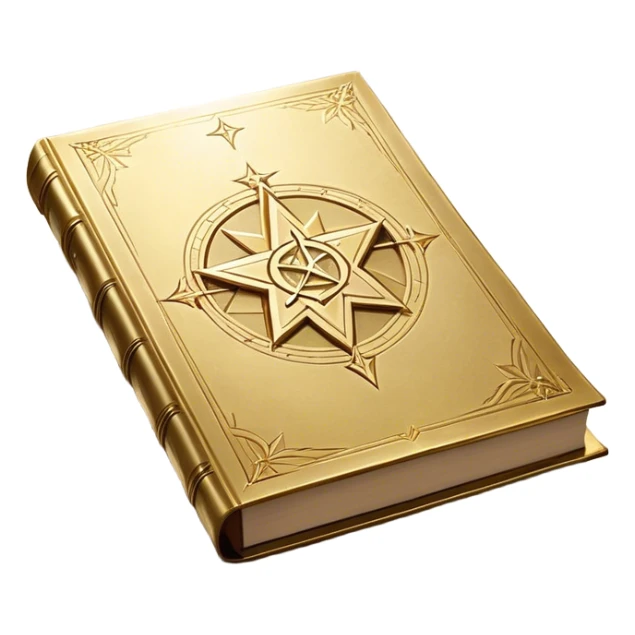 A shimmering gold book with a radiant glow, floating slightly as if under a spotlight. Its cover features a bold, star-like sigil ✨, symbolizing influence and magnetism. Light halo effects or sparkles surround it, giving off an aura of effortless charm and star power. sticker