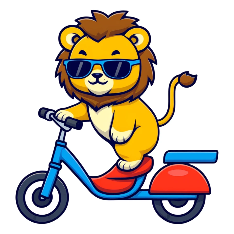 lion riding a bike with sunglasses, cartoon sticker style sticker